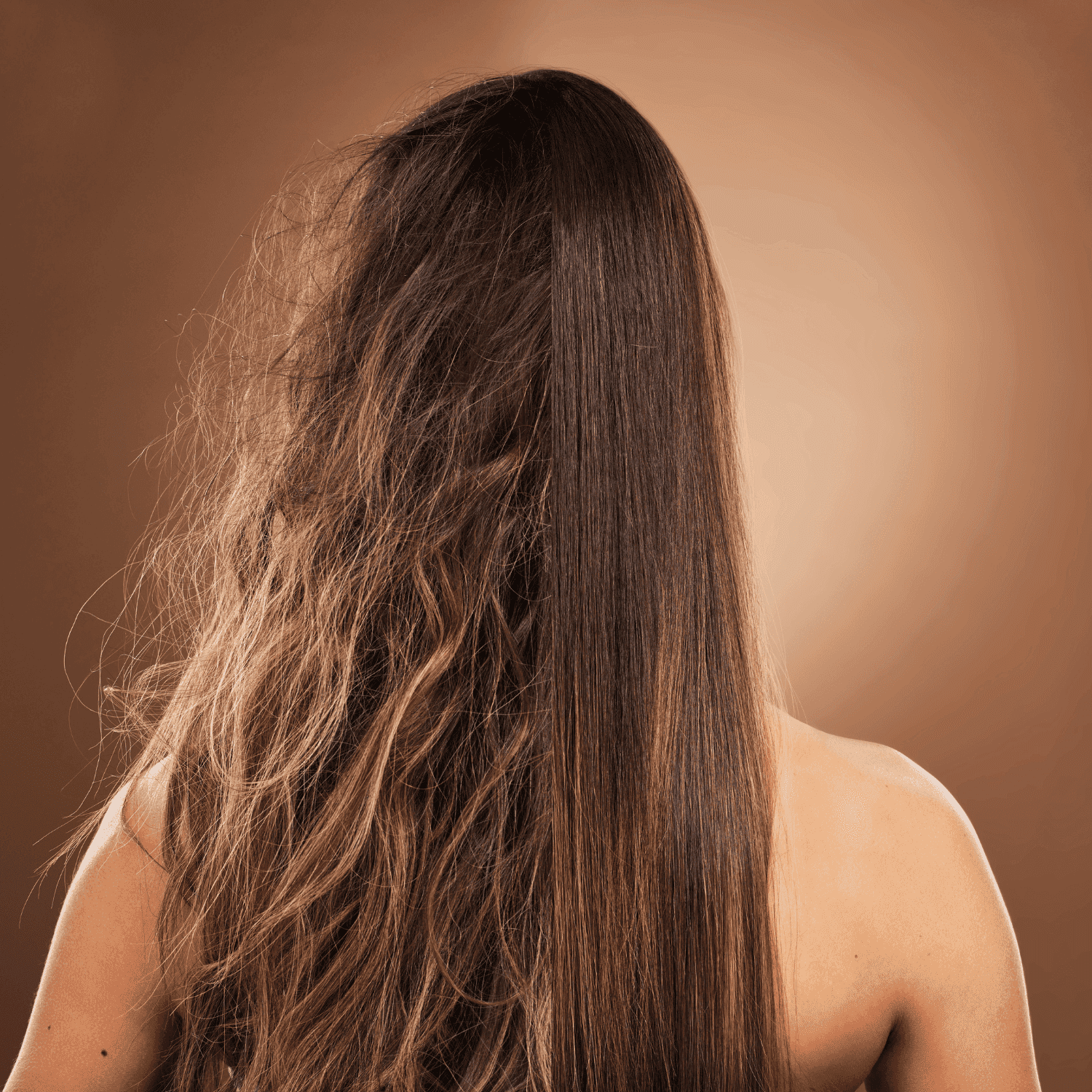 Hair transformation: one side frizzy, other side sleek and straight, showing hair treatment.